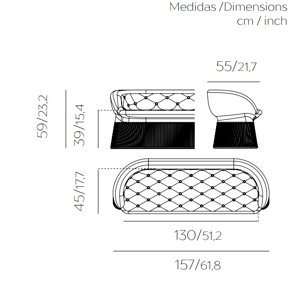 Medidas sofa bench con luz opcional para interior y exterior