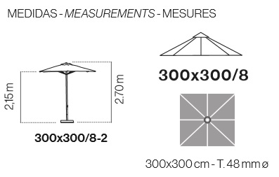 Medidas parasol aluminio cuadrado de 3x3 metros de Ezpeleta